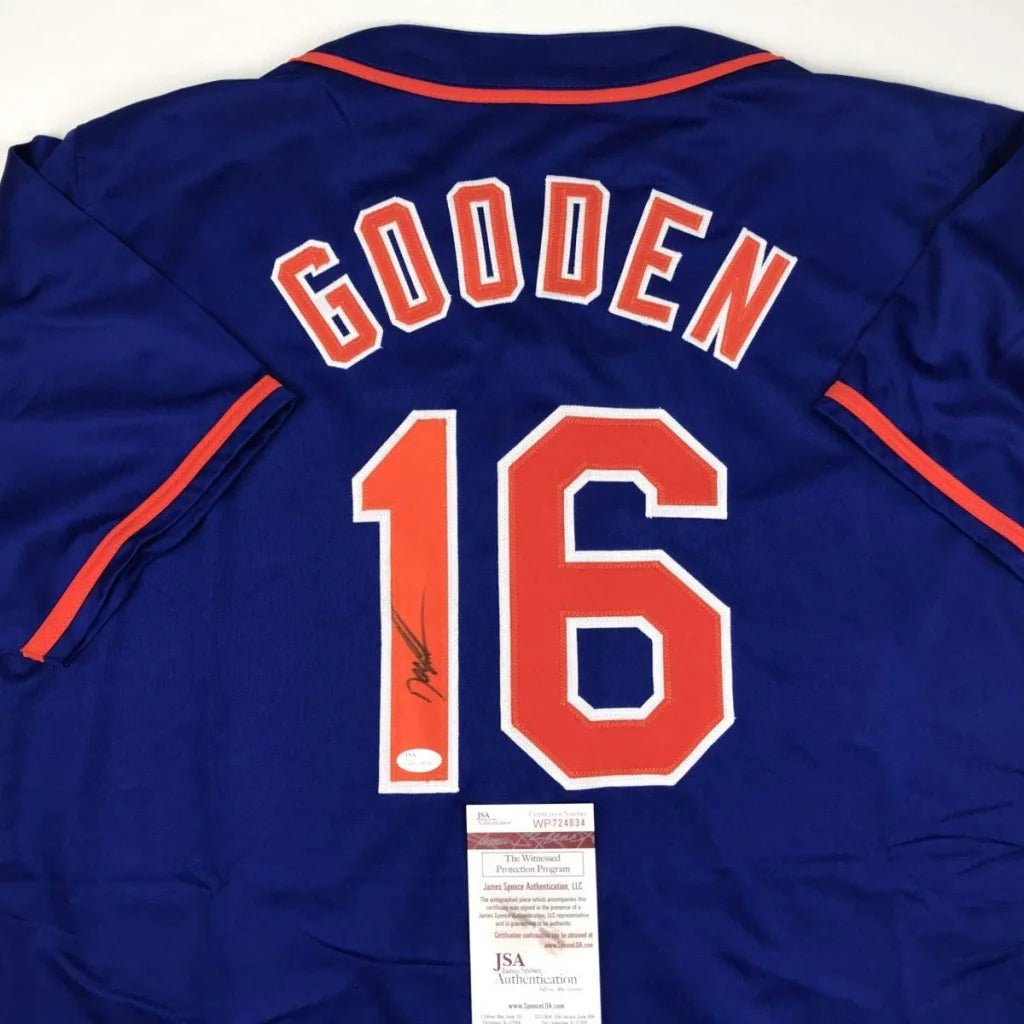 Autographed Dwight Gooden royal blue custom jersey with number 16, JSA COA