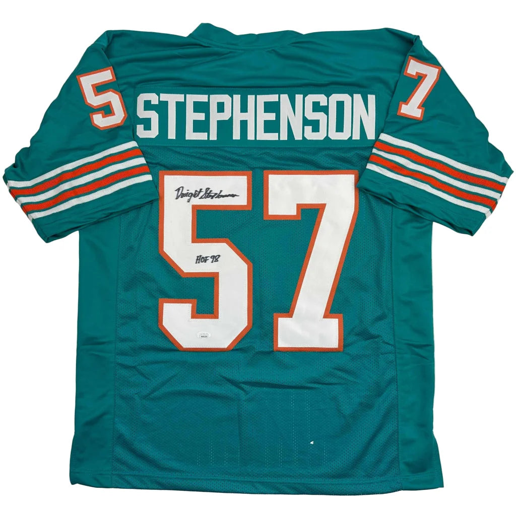 Autographed Dwight Stephenson Miami Dolphins custom jersey, HOF 98, teal with white orange numerals 57