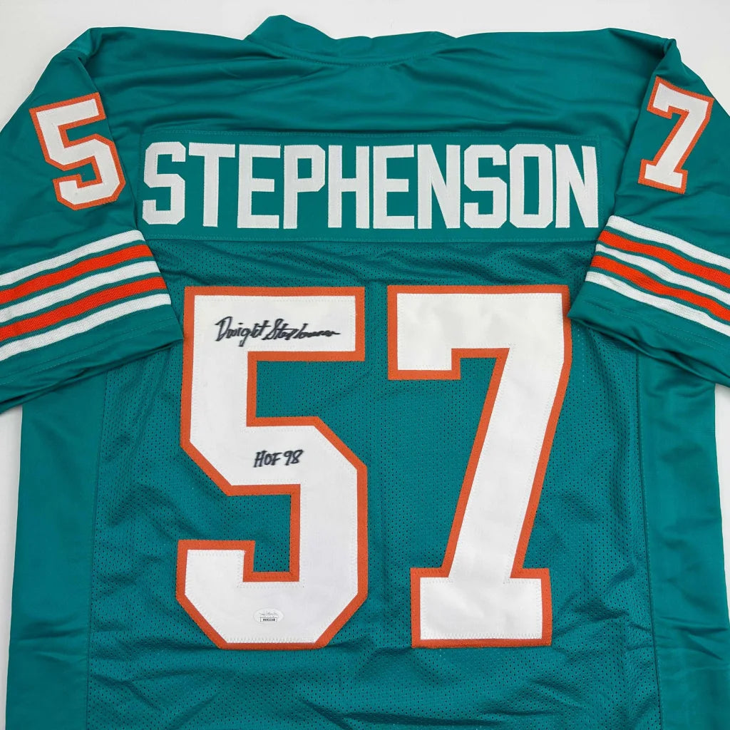 Autographed Dwight Stephenson Miami Dolphins teal custom jersey, HOF 98, JSA COA