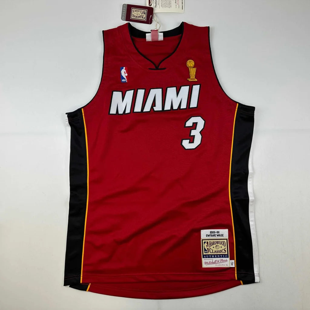 Red and black Miami Heat jersey with number 3, authentic third party authentication