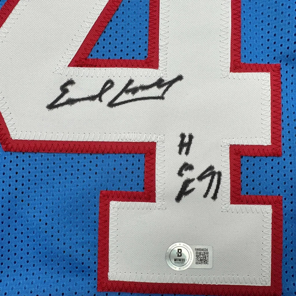Autographed Earl Campbell HOF 91 Houston Blue Football Jersey Beckett BAS COA | Authenticated Signed Sports Jersey | vintageantiquesgifts.com