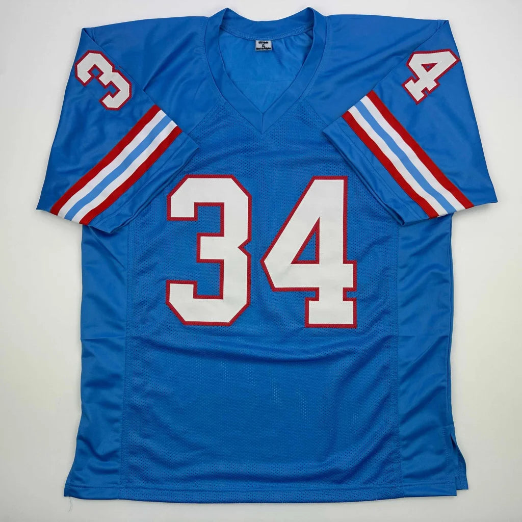Autographed Earl Campbell HOF 91 Houston Blue Football Jersey Beckett BAS COA | Authenticated Signed Sports Jersey | vintageantiquesgifts.com