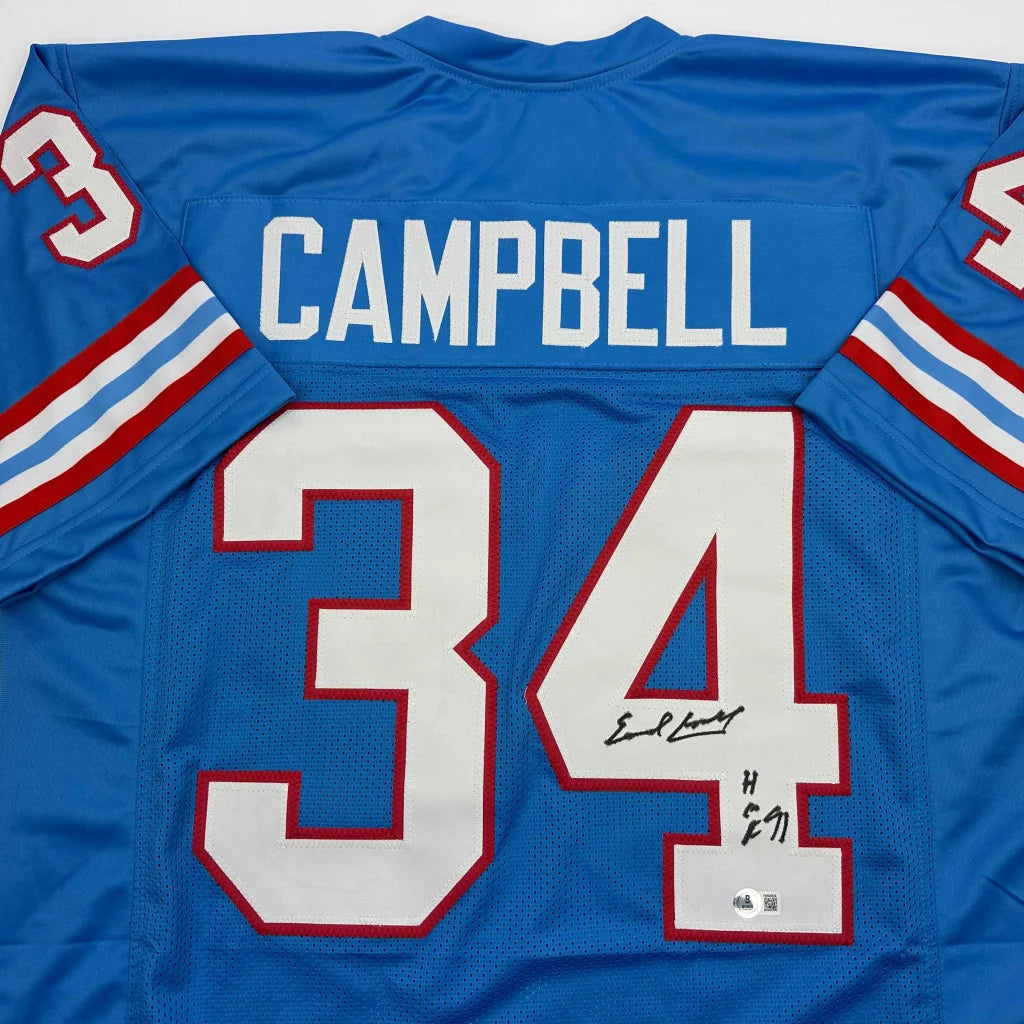 Autographed Earl Campbell HOF 91 Houston Blue Football Jersey Beckett BAS COA | Certified Authentic Signed Memorabilia | vintageantiquesgifts.com