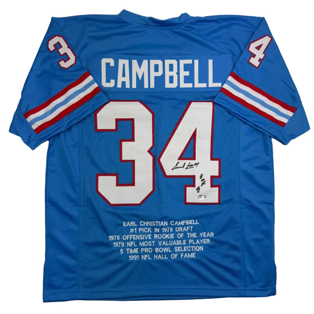 Autographed Earl Campbell HOF 91 Houston blue custom jersey with number 34