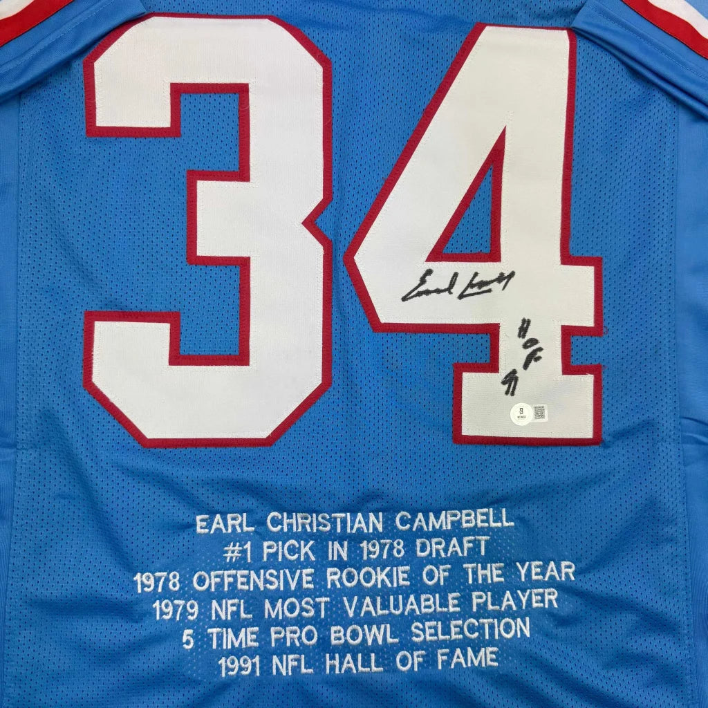 Light blue custom jersey signed by Earl Campbell, Houston Oilers number 34, pro sports gear
