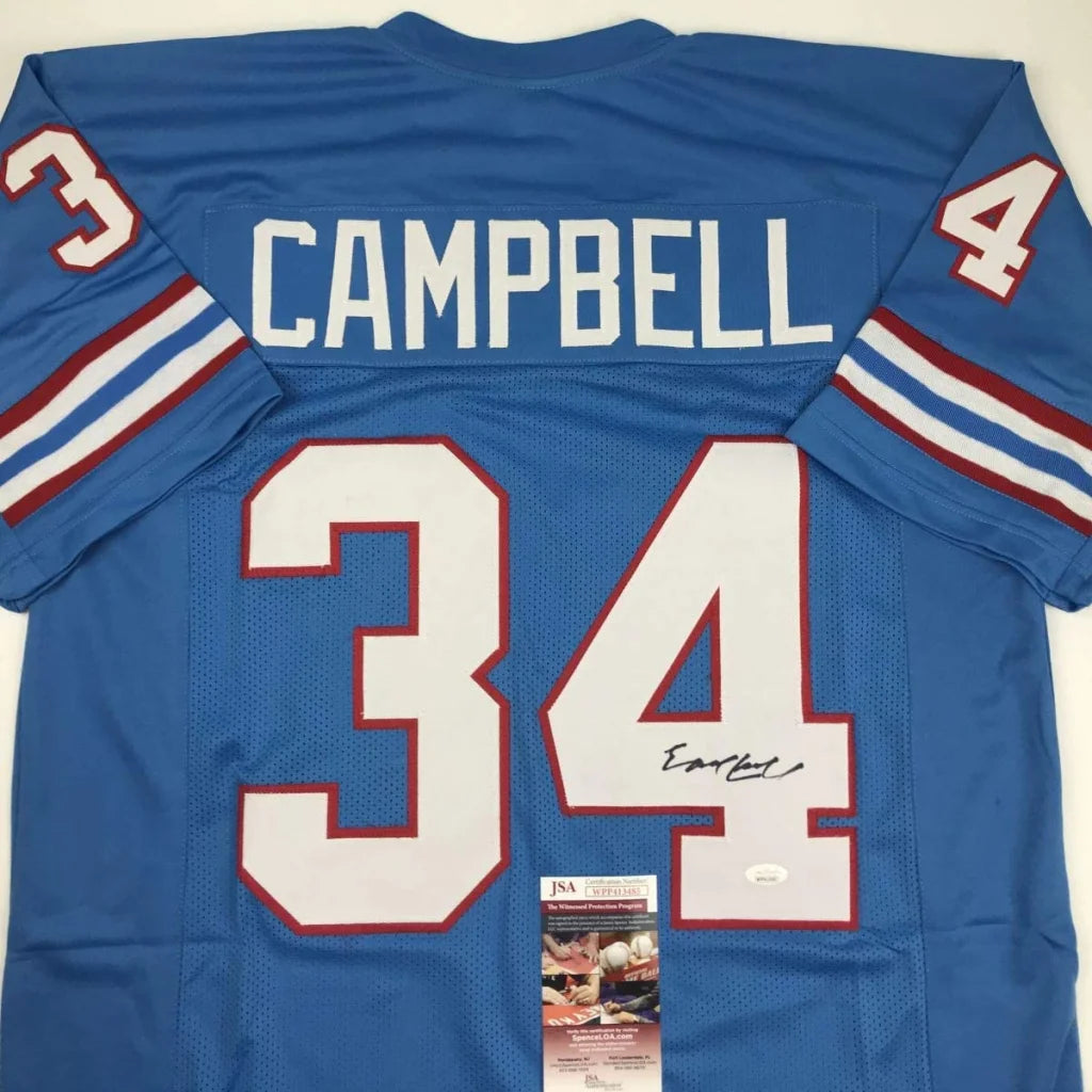 Autographed Earl Campbell custom jersey, Houston blue with name 34, JSA COA