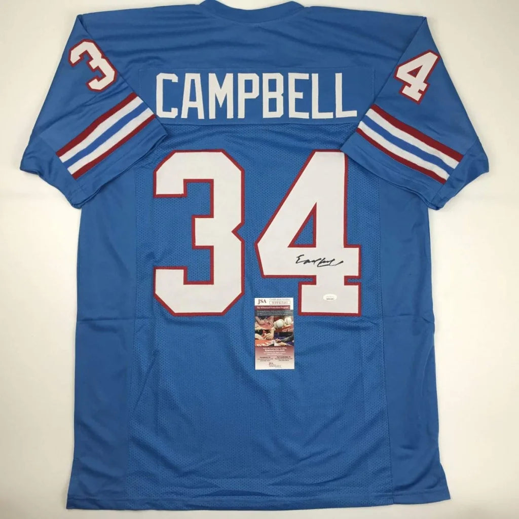 Autographed Earl Campbell custom jersey, Houston blue with name and number 34