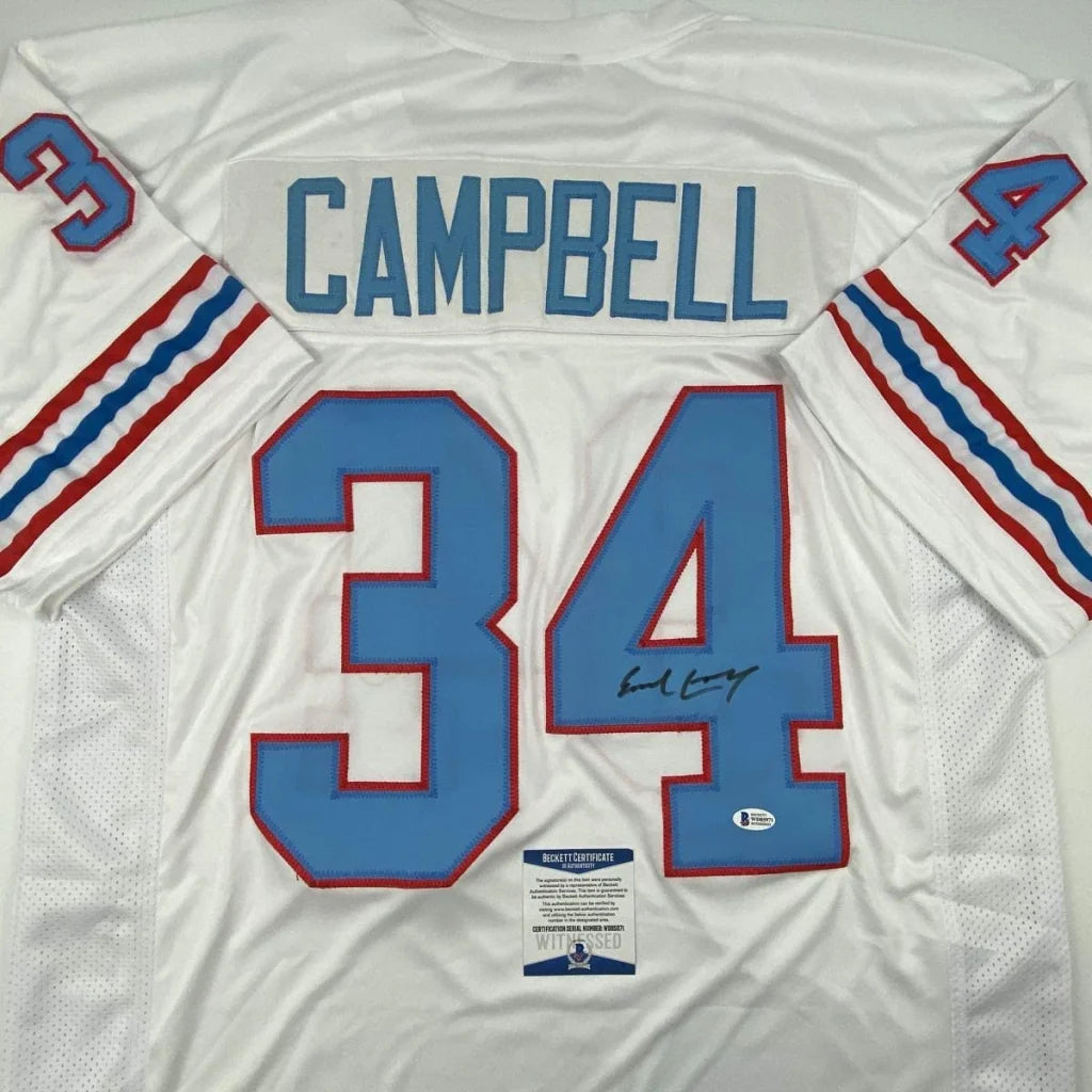 Autographed Earl Campbell custom jersey, Houston white with blue red 34, Beckett COA