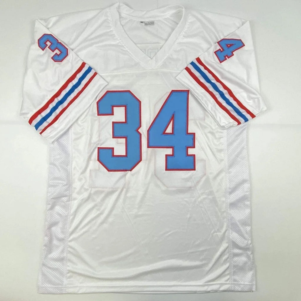 Autographed Earl Campbell Houston white custom jersey with blue red numerals