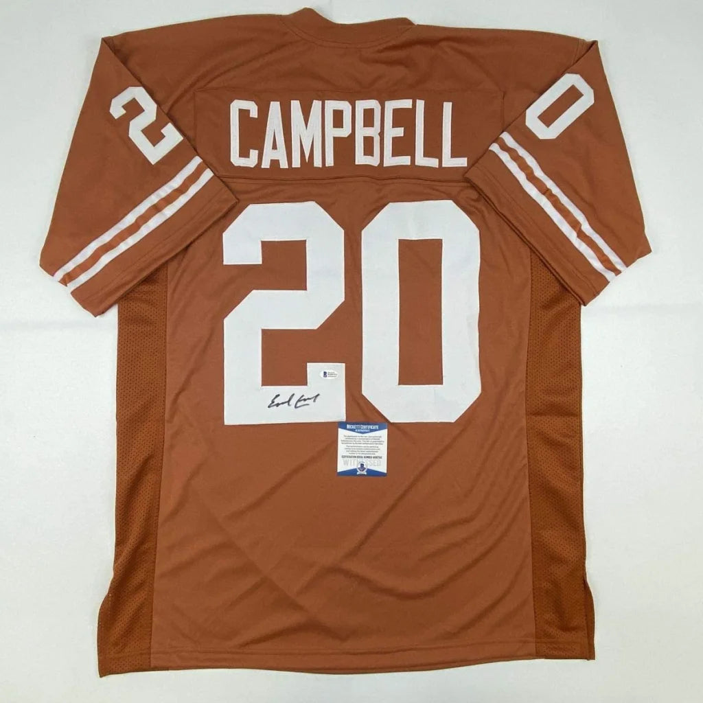 Autographed Earl Campbell Texas Orange Football Jersey Beckett BAS COA | Hall of Fame Sports Memorabilia | vintageantiquesgifts.com
