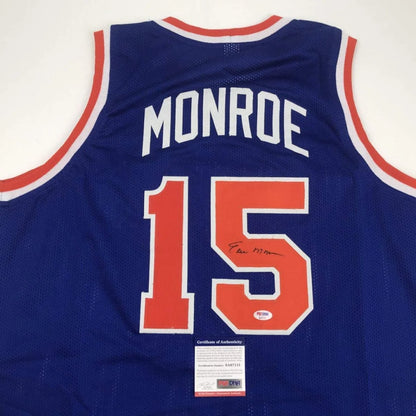 Autographed Earl Monroe custom New York Knicks blue basketball jersey back, number 15