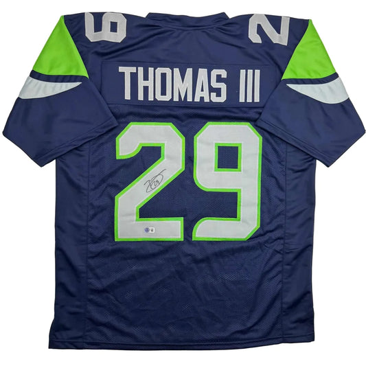 Autographed Earl Thomas III Seattle Blue Football Jersey Beckett BAS COA | Hall of Fame Sports Memorabilia | vintageantiquesgifts.com