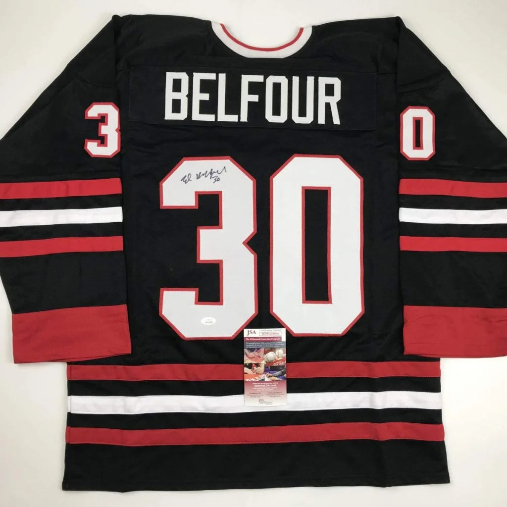 Autographed Ed Belfour Chicago Blackhawks custom jersey back, number 30