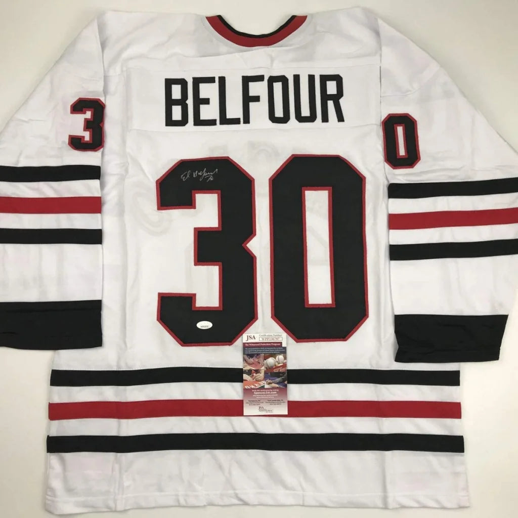 Autographed Ed Belfour Chicago White Hockey Jersey JSA COA | Hall of Fame Sports Memorabilia | vintageantiquesgifts.com