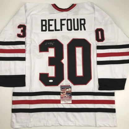 Autographed Ed Belfour Chicago White Hockey Jersey JSA COA | Hall of Fame Sports Memorabilia | vintageantiquesgifts.com