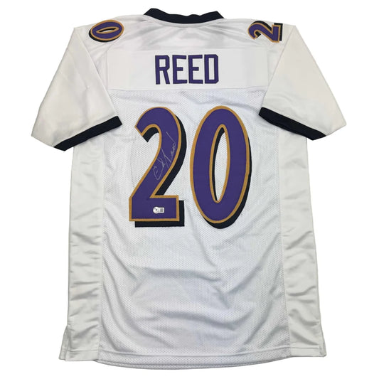 Autographed Ed Reed Baltimore White Football Jersey Beckett BAS COA | Hall of Fame Sports Memorabilia | vintageantiquesgifts.com