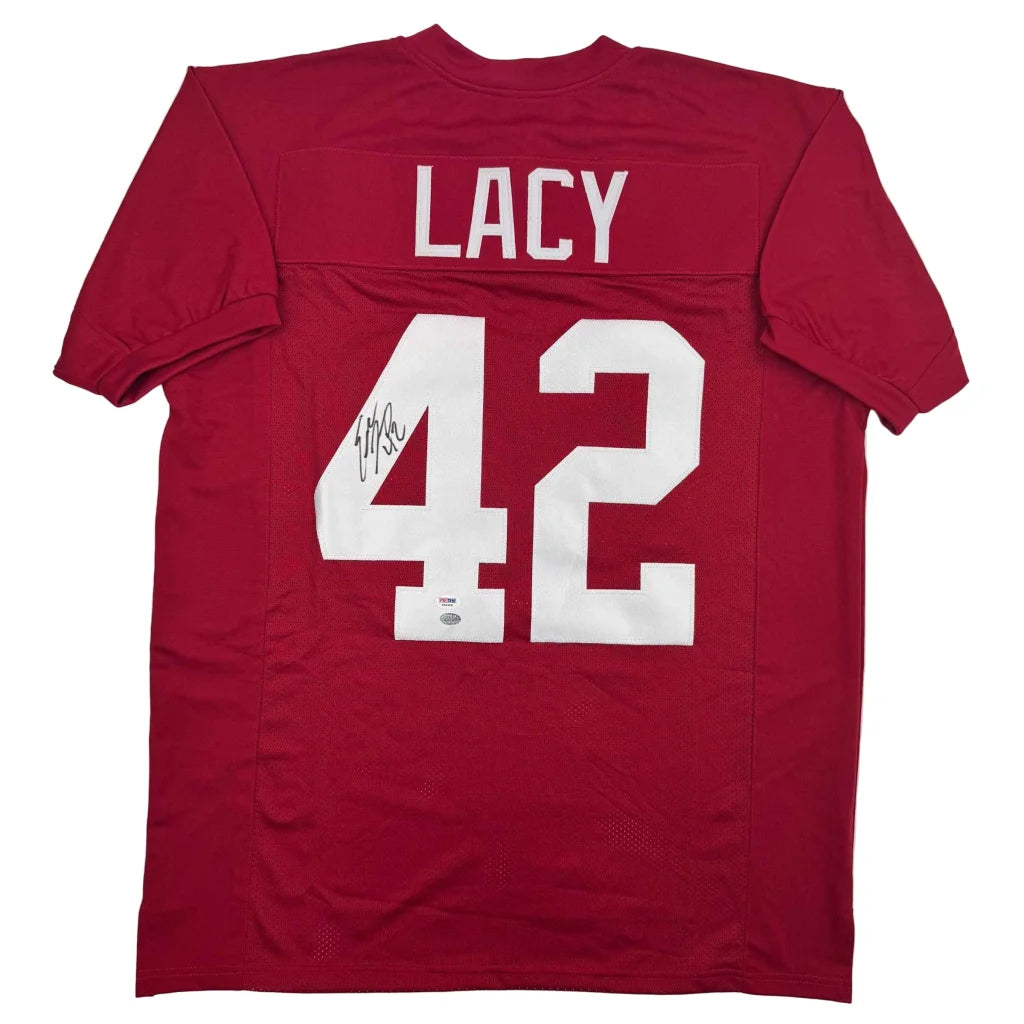 Red custom jersey with Lacy 42, autographed pro sports memorabilia