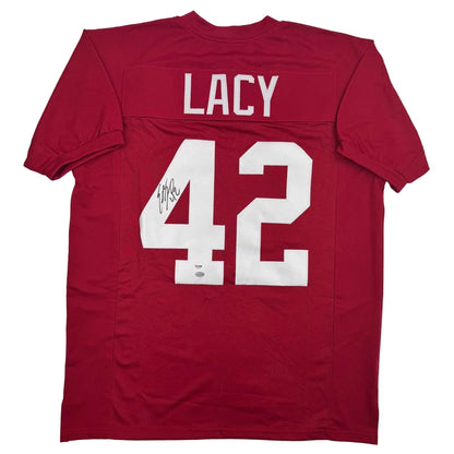 Red custom jersey with Lacy 42, autographed pro sports memorabilia