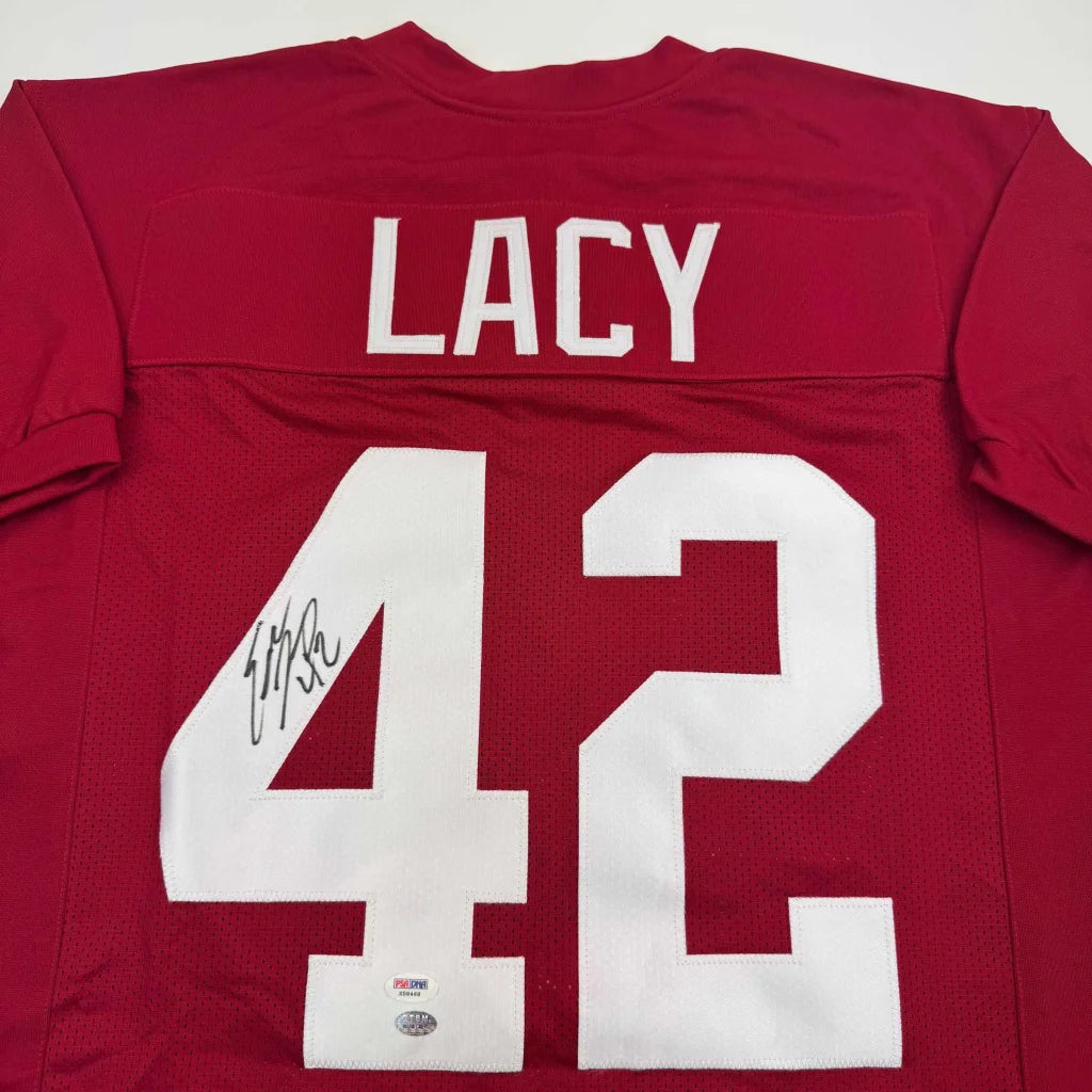 Red custom jersey with Lacy 42, autographed pro sports memorabilia