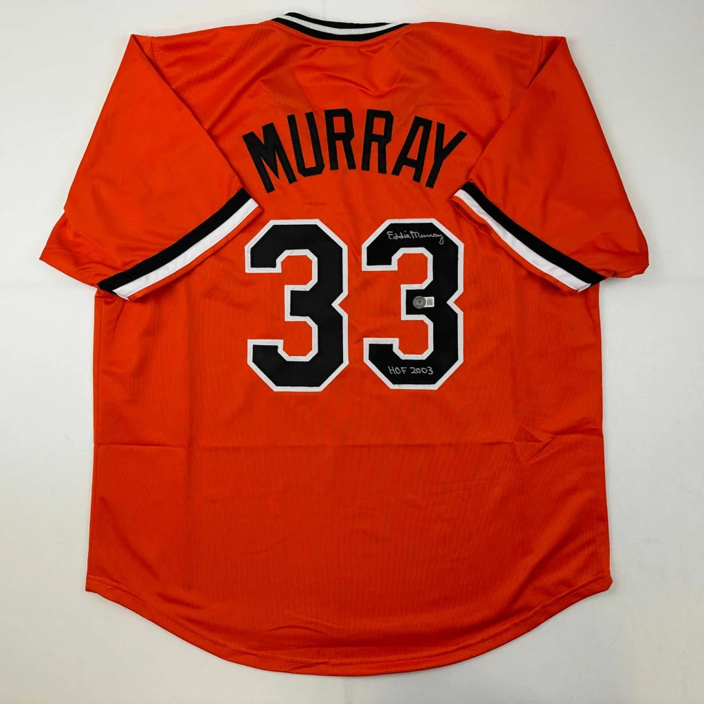 Autographed Eddie Murray custom jersey in vibrant orange with black trim, number 33, Baltimore professional sports league