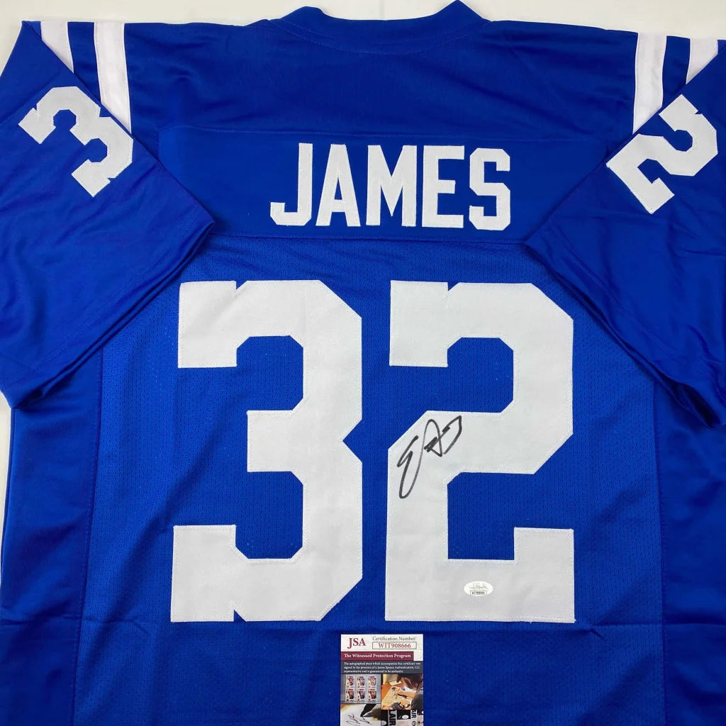 Back of a blue custom football jersey with white lettering signed by edgerrin james from a professional sports league