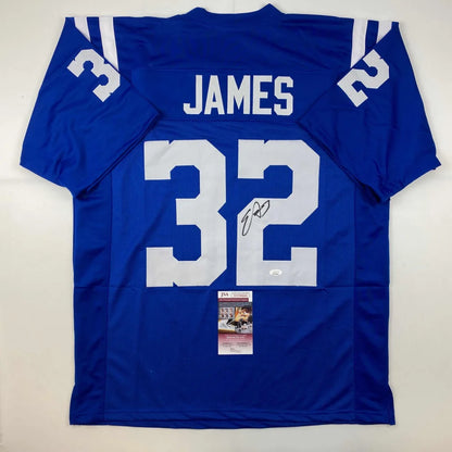 Back of a blue indiana colts custom jersey with white james 32 and autograph from professional sports league player