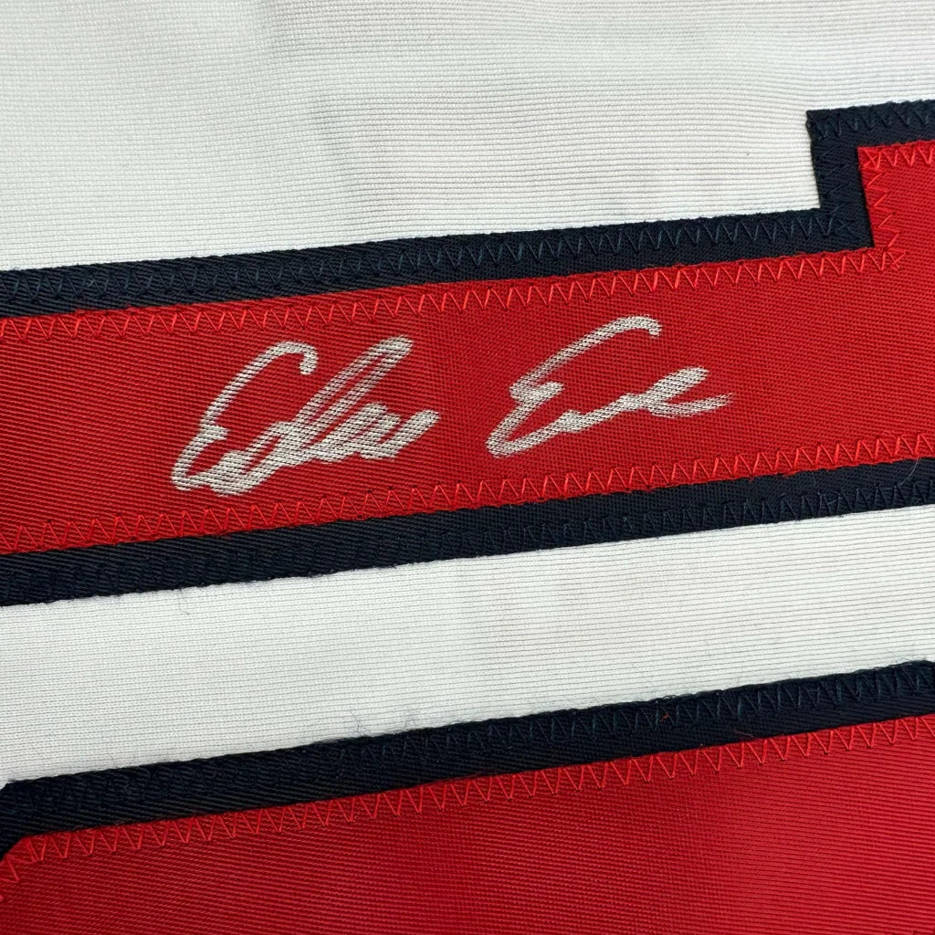 Autographed Edwin Encarnacion Cleveland white custom jersey with red and white striped fabric and stitched Celia E. signature, JSA COA