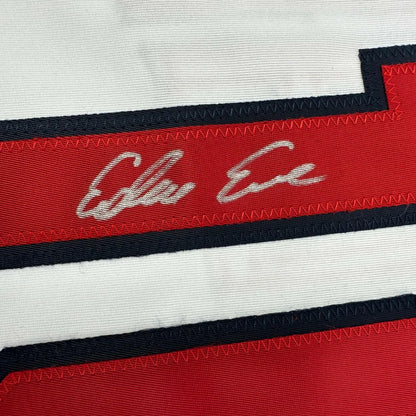 Autographed Edwin Encarnacion Cleveland white custom jersey with red and white striped fabric and stitched Celia E. signature, JSA COA