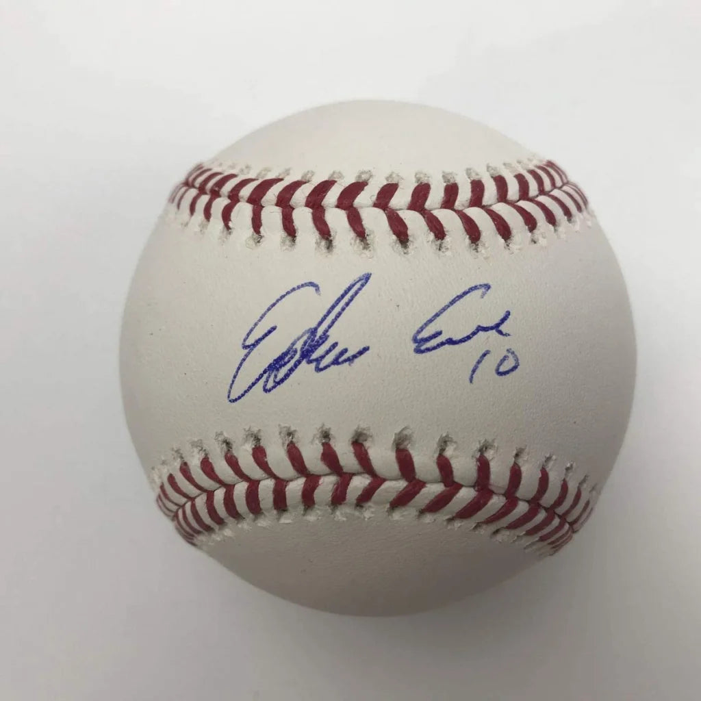 Authenticated baseball with red stitching and blue ink autograph featuring third party authentication