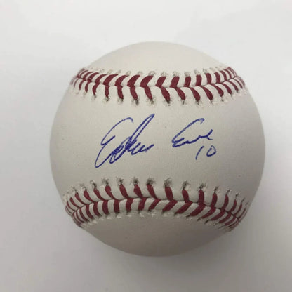 Authenticated baseball with red stitching and blue ink autograph featuring third party authentication