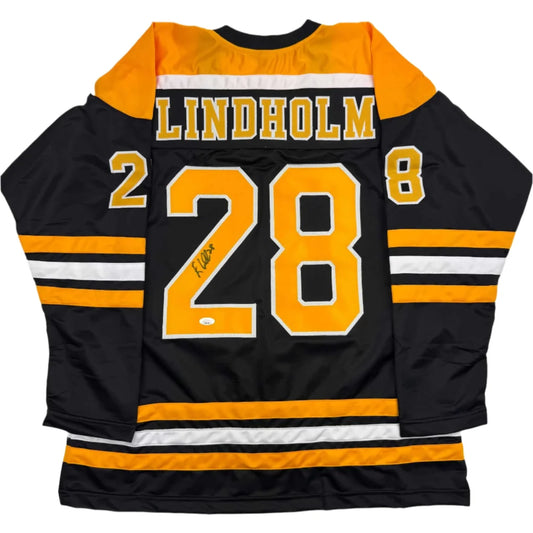 Autographed Elias Lindholm Boston Black Hockey Jersey JSA COA | Hall of Fame Sports Memorabilia | vintageantiquesgifts.com