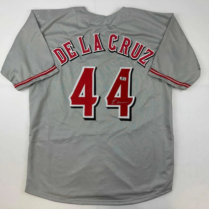 Autographed Elly De La Cruz gray custom jersey back with De La Cruz 44 signature