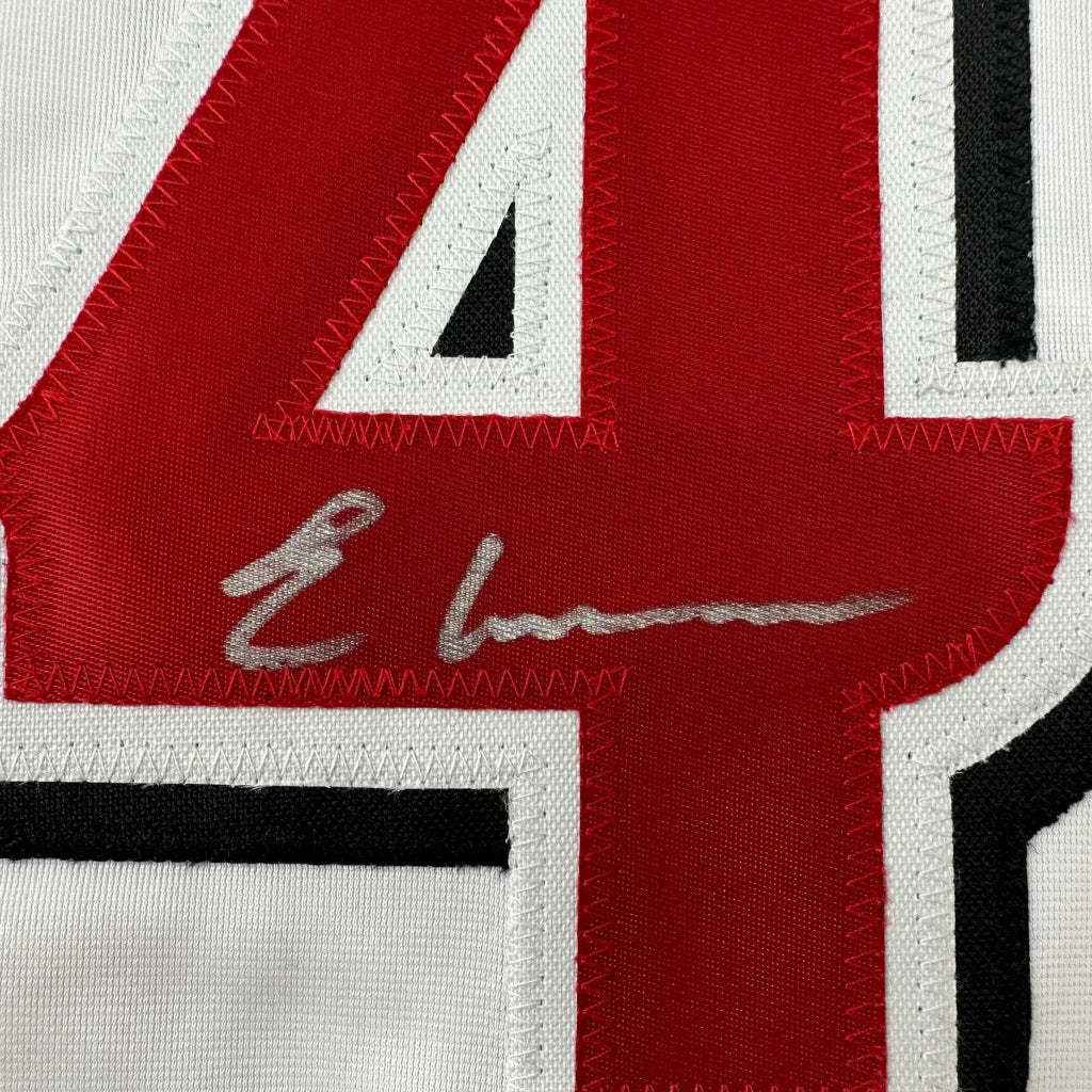 White custom jersey with red and black numbers and silver autograph, perfect for baseball fans