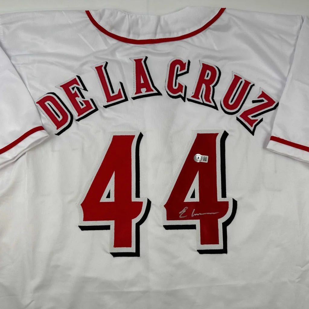 Autographed Elly De La Cruz custom jersey in white with red black lettering and number 44