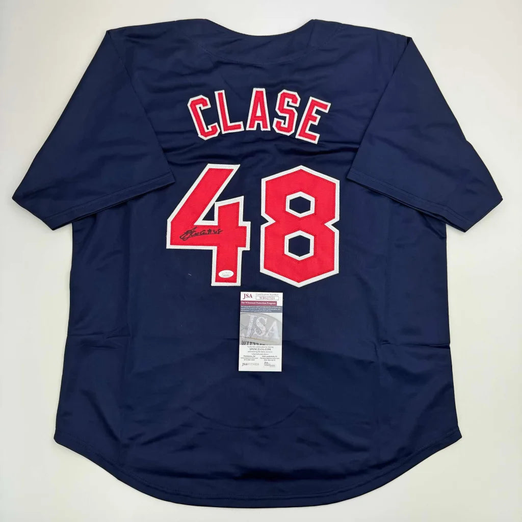 Back of autographed Emmanuel Clase custom Cleveland jersey, Clase 48, JSA COA