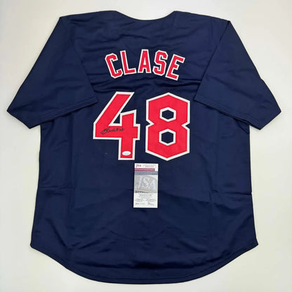 Back of autographed Emmanuel Clase custom Cleveland jersey, Clase 48, JSA COA