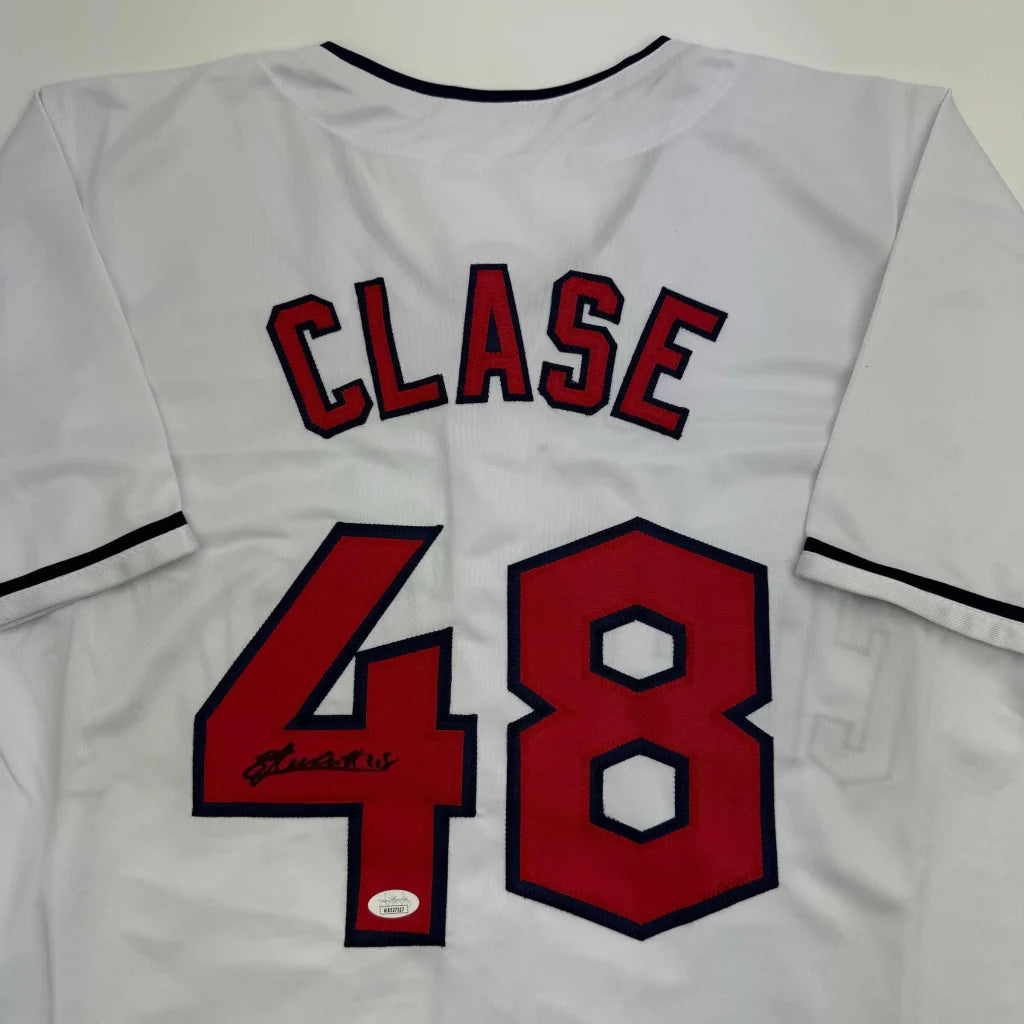 Autographed Emmanuel Clase Cleveland custom jersey, white with red black lettering, number 48, JSA COA