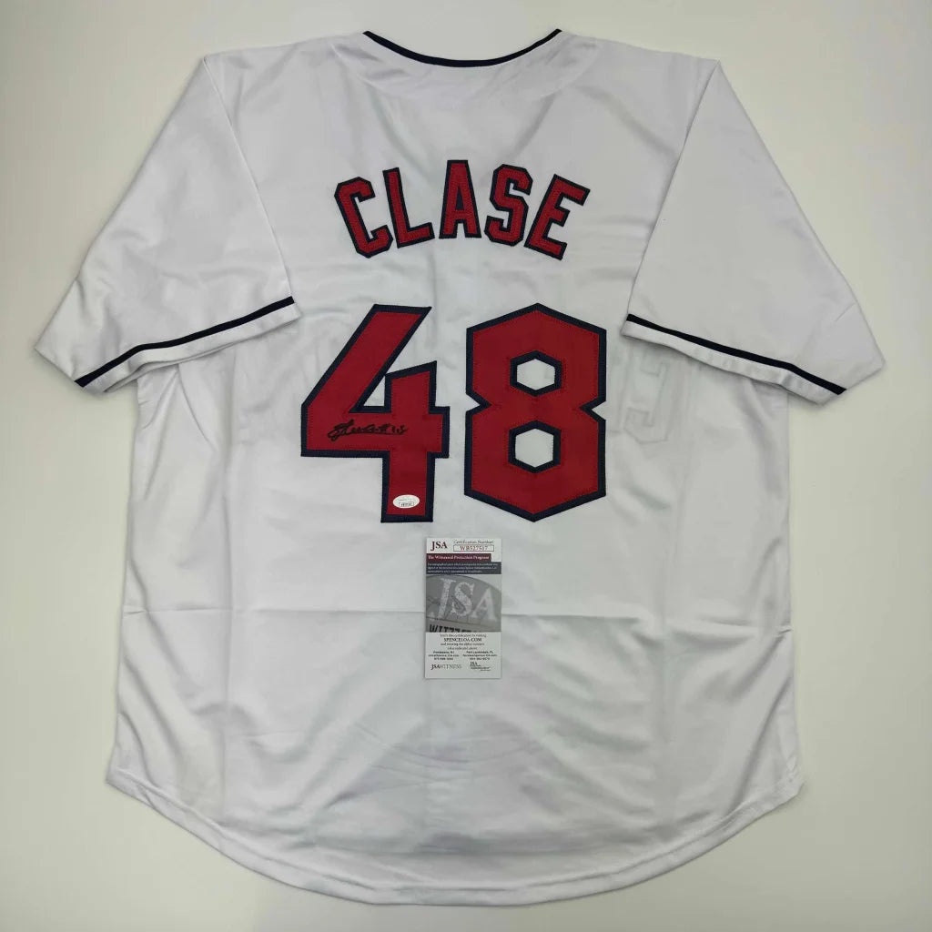 Signed Emmanuel Clase custom white Cleveland jersey, number 48, JSA COA