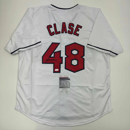 Signed Emmanuel Clase custom white Cleveland jersey, number 48, JSA COA