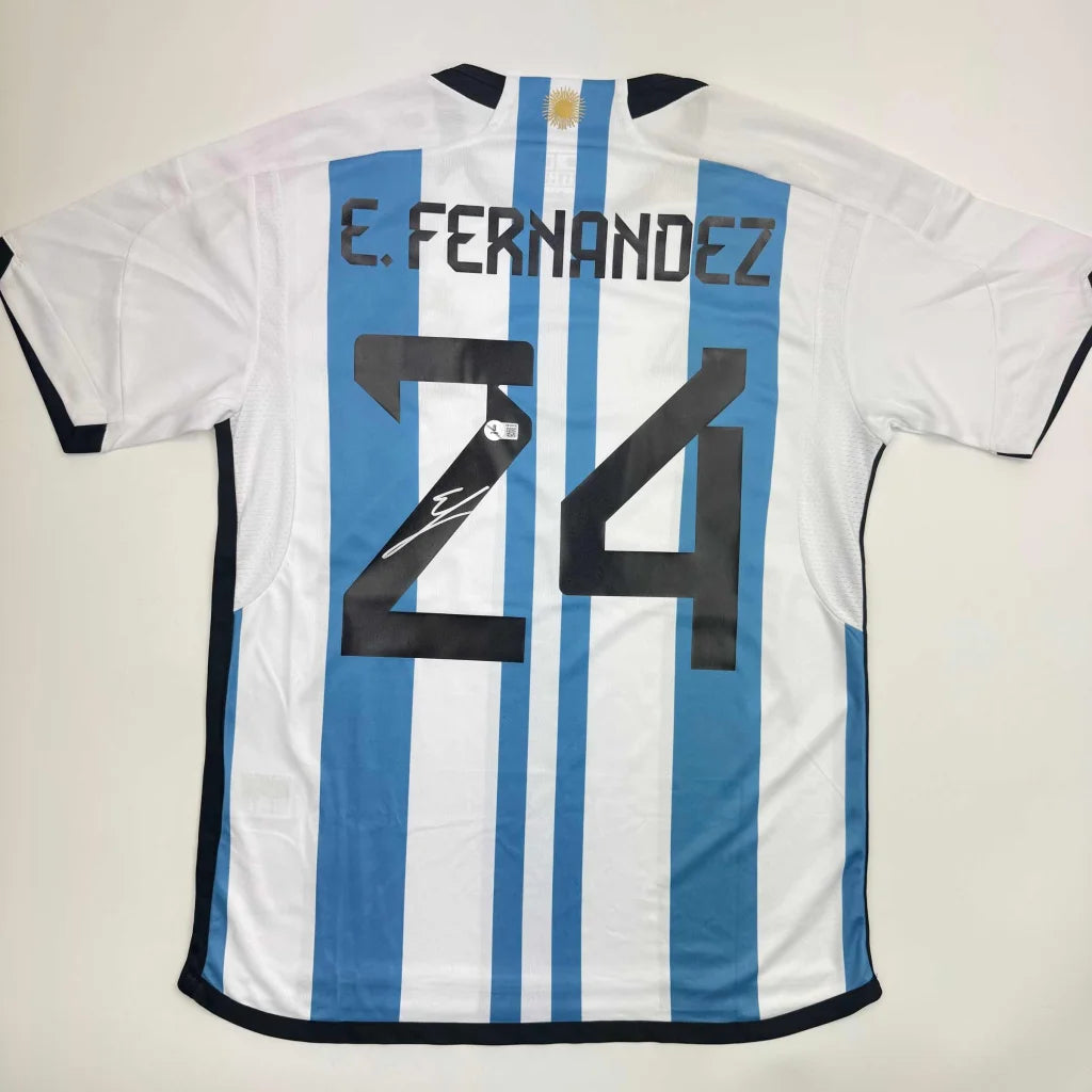 Autographed Enzo Fernandez Argentina Blue/White Soccer World Cup Jersey Beckett BAS COA | Hall of Fame Sports Memorabilia | vintageantiquesgifts.com