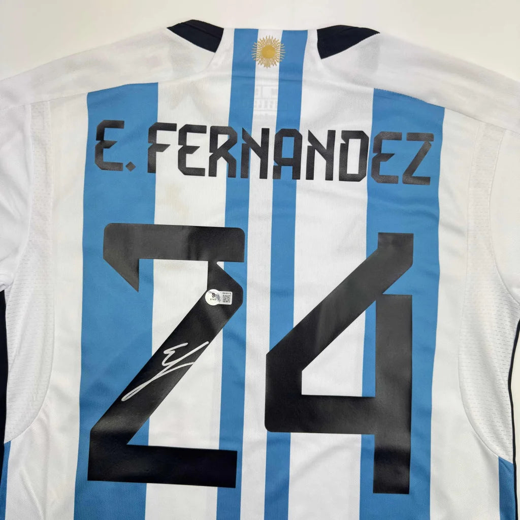 Autographed Enzo Fernandez Argentina Blue/White Soccer World Cup Jersey Beckett BAS COA | Certified Authentic Signed Memorabilia | vintageantiquesgifts.com