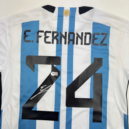 Autographed Enzo Fernandez Argentina Blue/White Soccer World Cup Jersey Beckett BAS COA | Certified Authentic Signed Memorabilia | vintageantiquesgifts.com