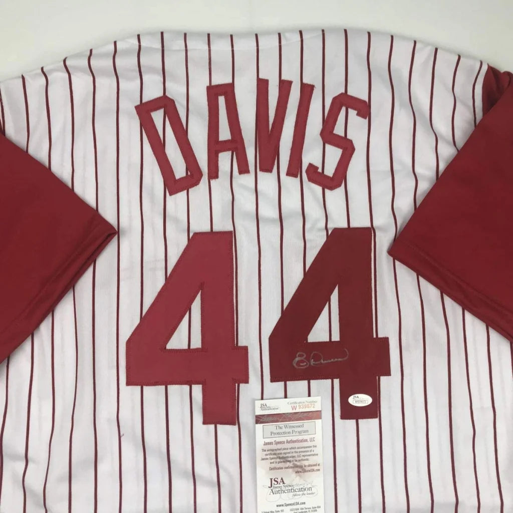 Eric Davis autographed Cincinnati Reds pinstripe jersey close up detail of signature and number