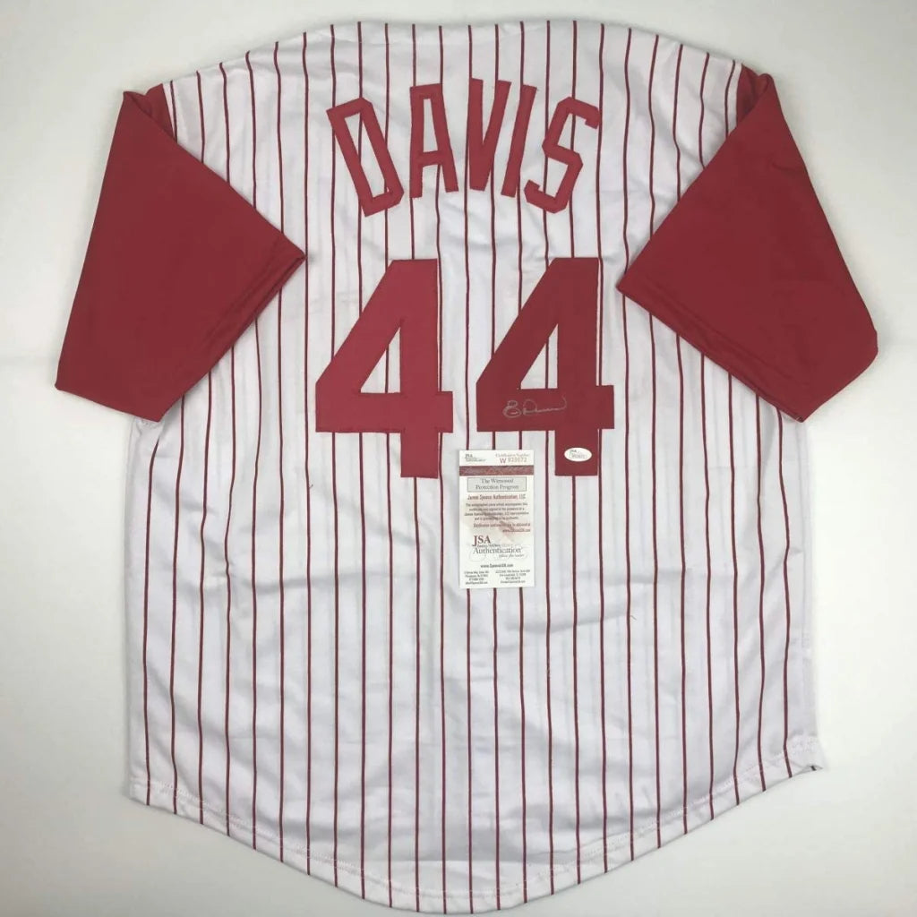 Eric Davis autographed Cincinnati Reds pinstripe baseball jersey back view showing number 44 and signature JSA COA