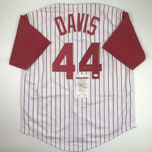 White and maroon pinstripe custom jersey showing the back with eric davis 44 and signed autograph from professional sports league