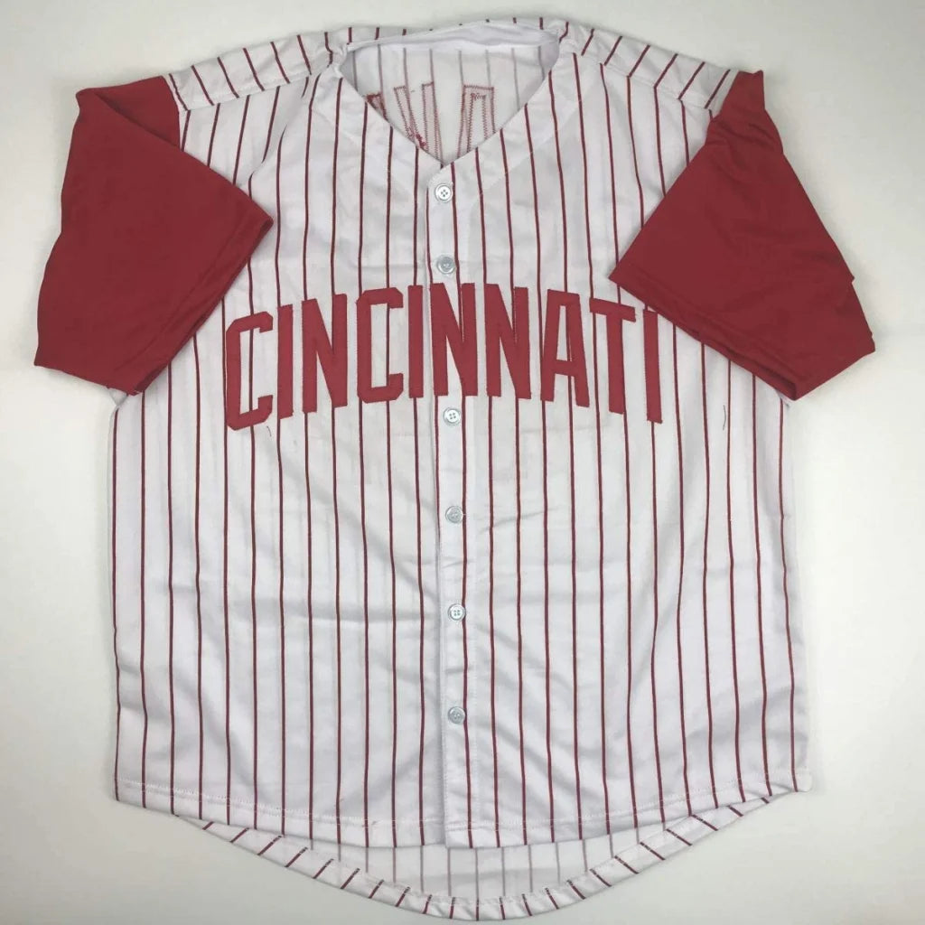 Eric Davis signed Cincinnati Reds style pinstripe custom baseball jersey full display view JSA COA