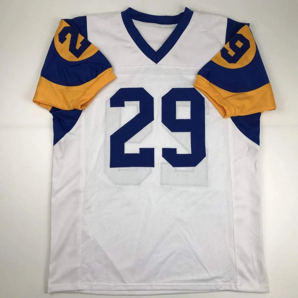 White Eric Dickerson custom jersey with blue and gold accents for professional sports fans