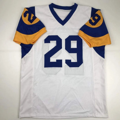 White Eric Dickerson custom jersey with blue and gold accents for professional sports fans