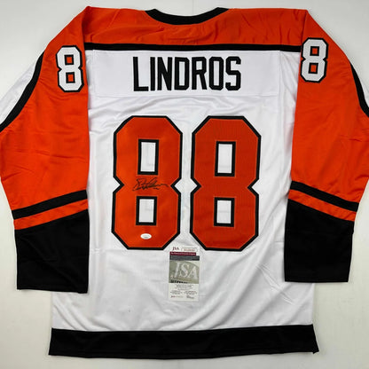 Autographed Eric Lindros custom Philadelphia white hockey jersey back, 88