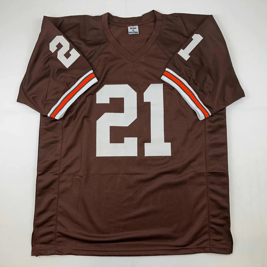 Autographed eric metcalf cleveland brown custom football jersey brown with white and orange trim and number 21 for professional sports league